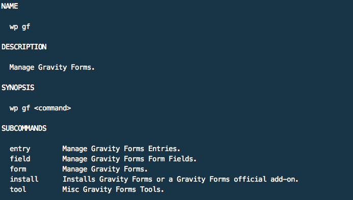Gravity Forms CLI: wp help gf